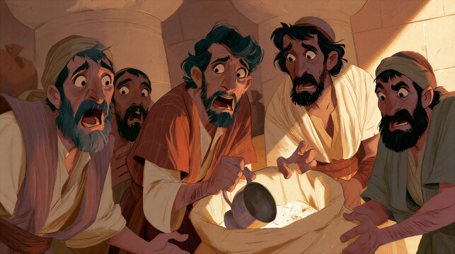 Joseph's silver cup found inside Benjamin's sack of grain, shocked brothers in ancient Egyptian setting, tense shadows, illustration style