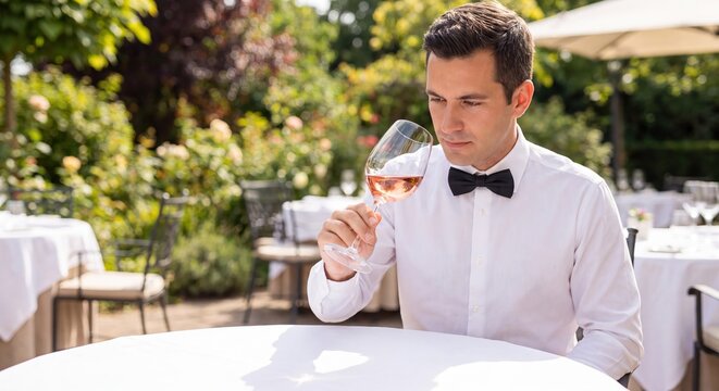 A sommelier in a white shirt and bow tie carefully smells a glass of rose wine at an outdoor restaurant.