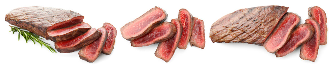 Fototapeta premium Delicious cooked beef meat isolated on white, set