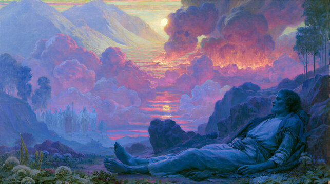 Lazarus resting in the bosom of Abraham in a luminous paradise, while the rich man suffers in distant flames