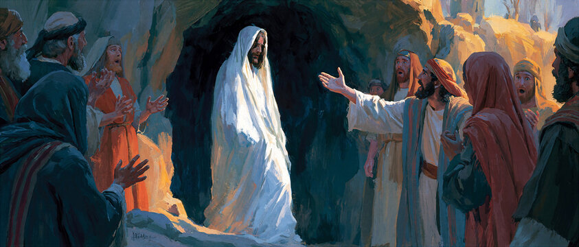 Lazarus walking out of the dark tomb wrapped in burial cloths, Jesus calling him forth, shocked onlookers, miracle, illustration style