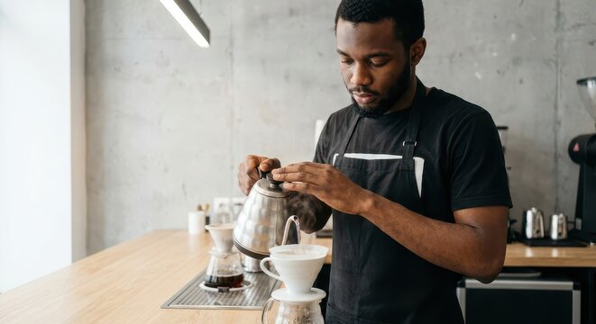 A focused barista meticulously prepares pour-over coffee, pouring hot water from a gooseneck kettle into a filter.