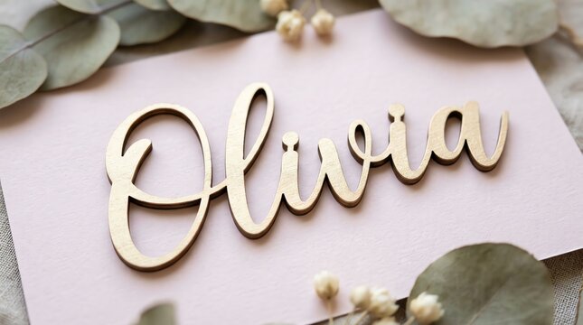 Personalized Wooden Name Sign Olivia with Decorative Elements.