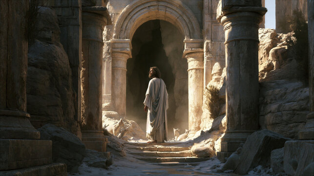 Malachi standing alone in temple ruins, prophetic silence, photorealistic