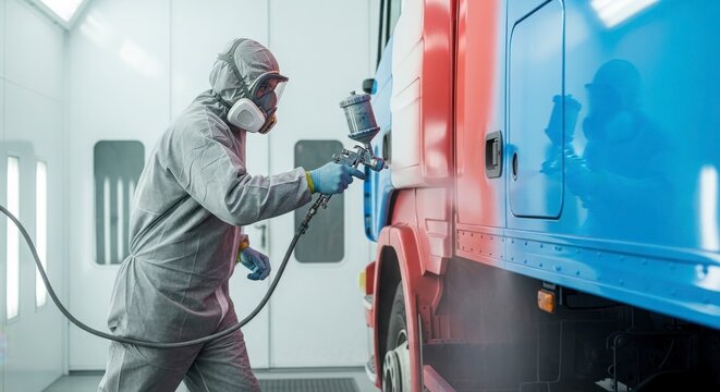 Auto Painter in Protective Gear Spraying Truck in Paint Booth