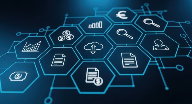 Digital network interface with hexagonal representing cloud computing and financial transactions
