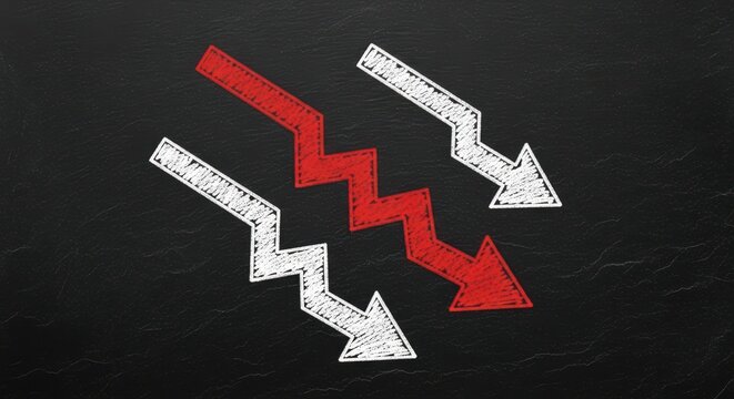 Three zigzag arrows pointing downward drawn in white and red chalk on a dark textured background