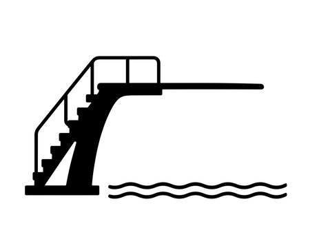 Silhouette of a diving board above pool with water waves below  