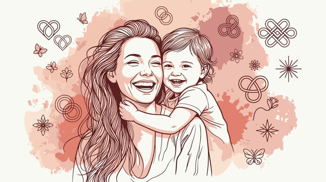 Heartwarming illustration of a mother and child sharing a joyful embrace, depicting the tender bond of family love with a blend of line art and soft watercolor accents