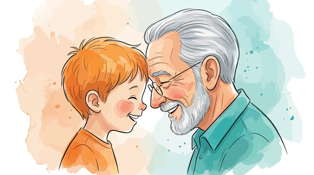 A heartwarming illustration capturing the pure joy and affectionate bond between a loving grandfather and his happy grandson, symbolizing cherished family connections and intergenerational love