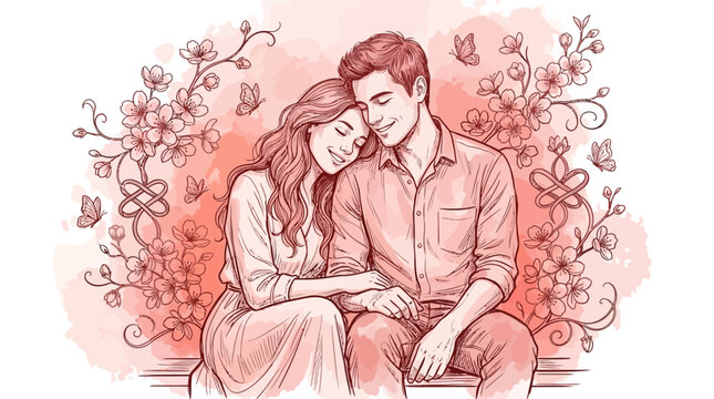 Romantic hand-drawn illustration depicting a loving couple sharing a tender moment amidst delicate cherry blossoms and graceful butterflies, symbolizing deep affection and the beauty of spring love