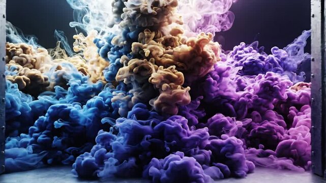 Open dark wooden door revealing colorful cloud of smoke or ink in water with sky background