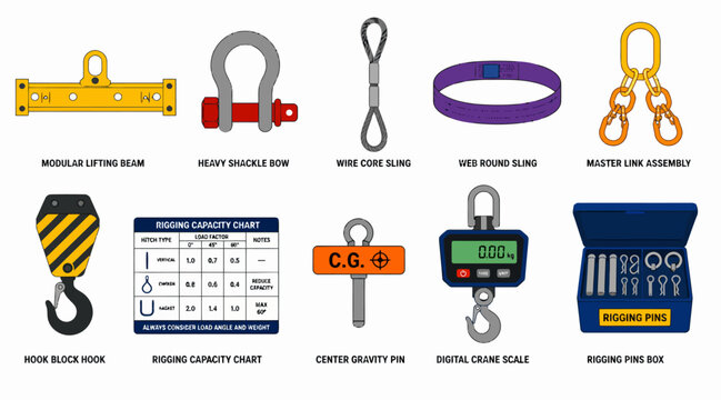 Collection of industrial lifting and rigging equipment tools.