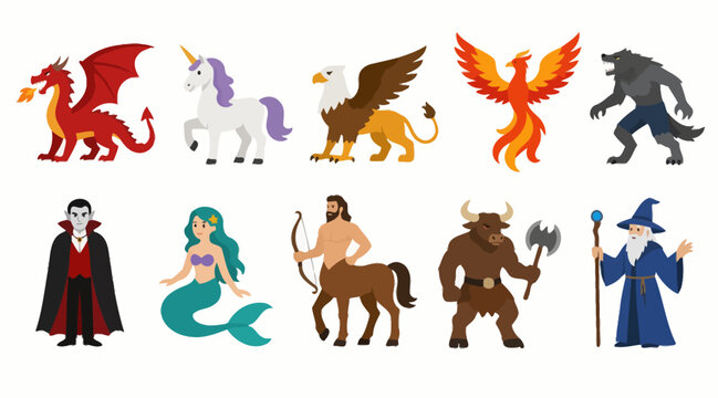 Colorful collection of mythical creatures and fantasy characters.