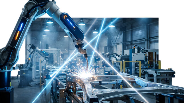 Industrial robotic arm welding a car chassis in a factory