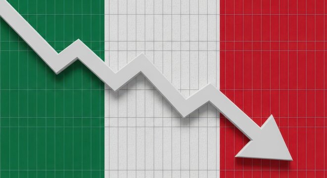 White downward trend arrow over the national flag of italy on a grid background