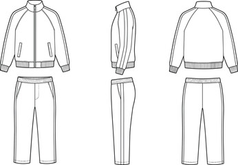 Fashion flat technical sketch of women zip up track jacket and straight trousers set © Md Atiar Rahman