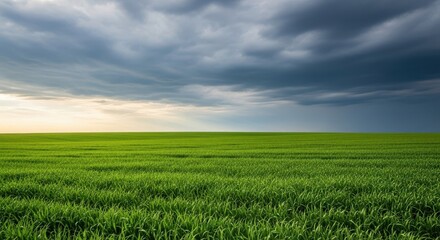 Obraz premium Expansive view of a vibrant green agricultural field under a massive, dramatic cloudy sky, suggesting changing weather and natural growth, bright, clouds, overcast