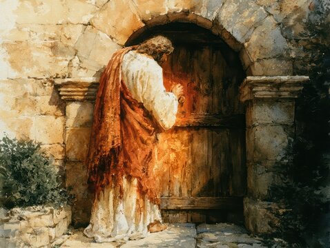 Jesus knocking on the door artistic painting, religious watercolor style with warm glowing light. Symbolic biblical scene of spiritual faith for Christian worship background,
