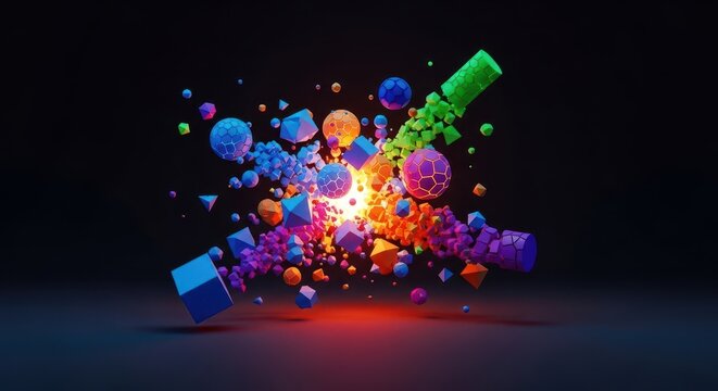 Geometric objects shattering and exploding outward, illustrating a disastrous failure of engineering or planning with scattered remnants, outcome, geometry, deconstruction