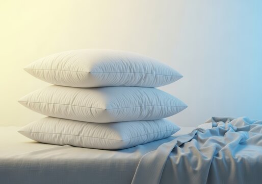 Soft, fluffy white pillows stacked neatly on a comfortable bed, suggesting deep rest, relaxation, and peaceful sleep environment, tranquil, healthy, white