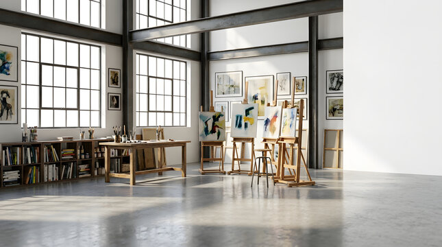 Spacious art studio with easels and paintings
