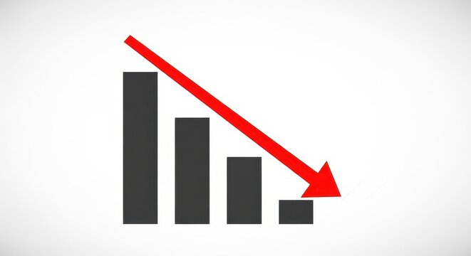 Bar chart with four gray columns and a large red arrow pointing downwards on white background