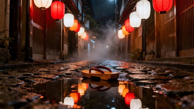 Cinematic night atmosphere of a rain-soaked Kyoto alley with red and white paper lanterns casting warm reflections on wet cobblestones. A lone geta sandal reflection in a foreground puddle. 