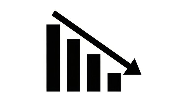 Simple black bar chart with a downward pointing arrow isolated on a plain white background