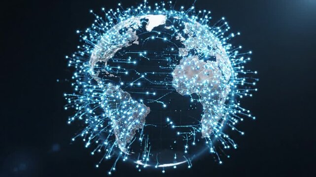 Digital globe with interconnected lines representing global communication and technology