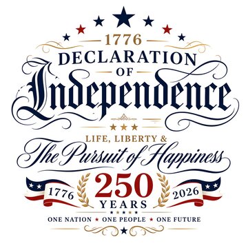 250 Years of Declaration of Independence: A commemorative graphic celebrating 250 years of the Declaration of Independence, featuring patriotic symbols and the iconic phrase Life.