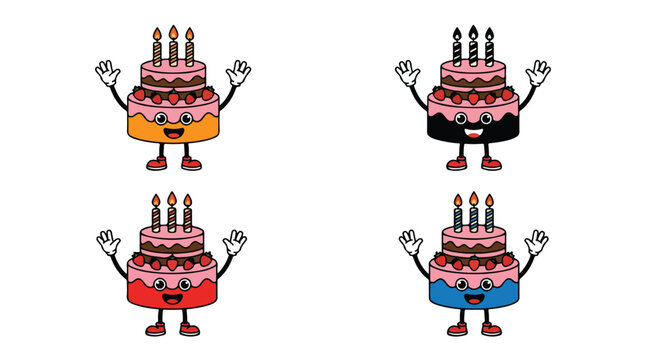 Cheerful cartoon birthday cake characters with candles in four colors.