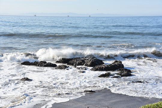 California Coastal Geology at Carpinteria Tar Pits with Surf