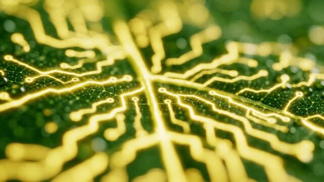 Closeup of a green leaf with glowing yellow digital circuit lines and network pattern