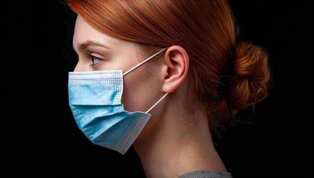 Female model with red hair wearing a blue surgical mask in profile against a black background, showcasing facial features and hairstyle details