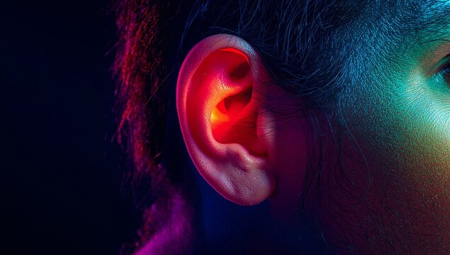 Close-up of a human ear illuminated with colorful lighting, showcasing intricate details of the ear structure against a dark background