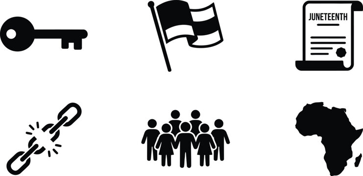 Juneteenth icons with key, flag, people, chain and africa map
