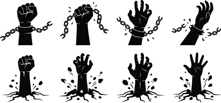 Black silhouette hands breaking free from chains