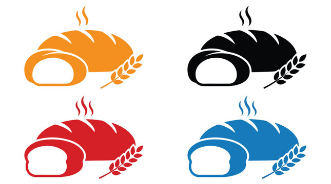 Four Loaves of Bread Icon: A set of four stylized icons, each featuring a loaf of bread and wheat stalk in different vibrant colors &ndash; orange, black, red, and blue.