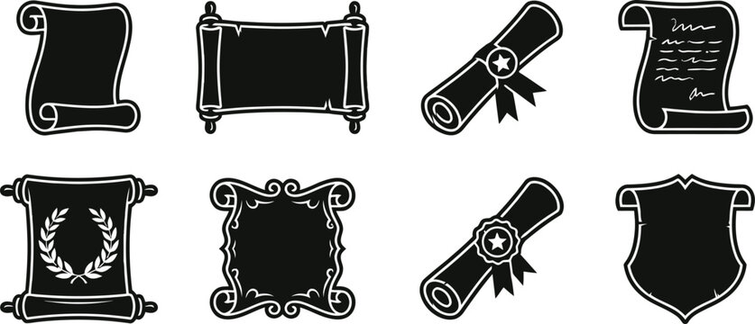 Black scrolls and certificates icons