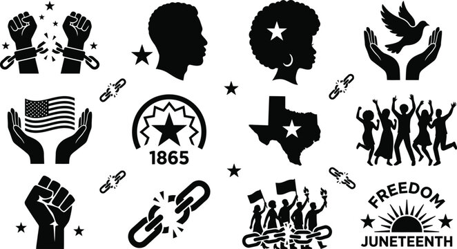 Juneteenth freedom icons set with black silhouettes
