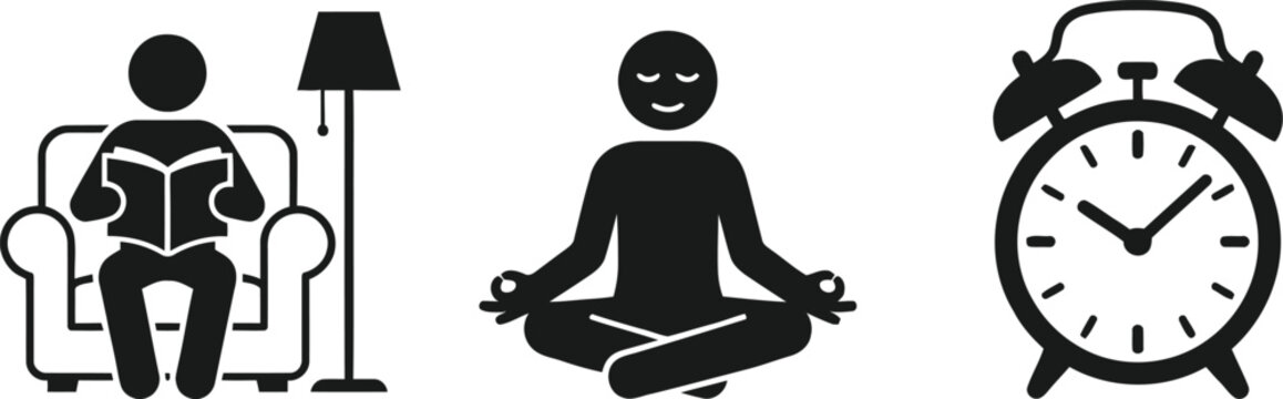 Black icons of reading, meditating and alarm clock