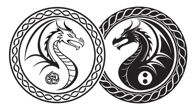 Vector illustration yin and yang dragon symbol, celtic knot style illustration, tribal dragon design, black and white vector graphic