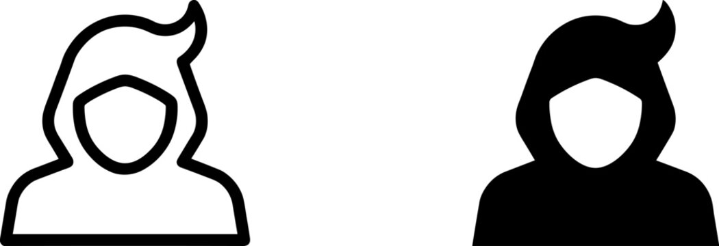 Hooded character person profile user icon in outline and solid style with character mysterious anonymous silhouette identity security pictogram