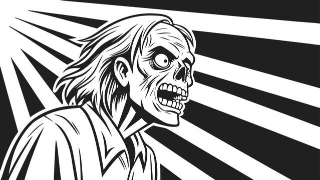Vector illustration horror illustration of a scary zombie character with a shocked expression, black and white comic book style art