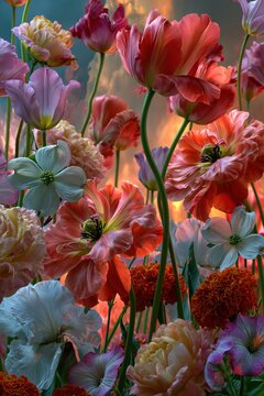 A dreamlike dreamscape of a lush, ethereal flower field where tulips, peonies, irises, and daisies thread upward in soft, surreal light. The composition blends vibrant pastel petals with warm, cinema