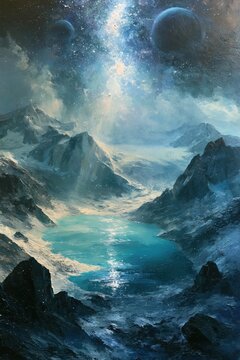 A dreamlike oil painting scene of a turquoise alpine lake nestled between jagged, snow-dusted peaks under a surreal, starry sky. The atmosphere blends elements of asteroid alley and urban grit with c