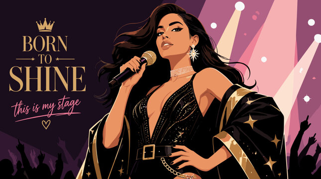 Born to Shine: A powerful female singer, adorned in a dazzling black and gold outfit, commands the stage with a microphone in hand, bathed in the radiant glow of spotlights.
