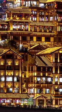 Chongqing city view and hongyadong cave in vertical
