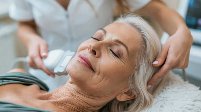 Mature woman receiving a non surgical smas lifting procedure for facial skin rejuvenation and anti aging treatment at a clinic